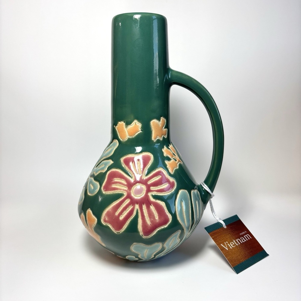 Vintage Teal Ceramic Pitcher Vase Embossed Floral 9.5" Vibrant Colorful 3D Boho